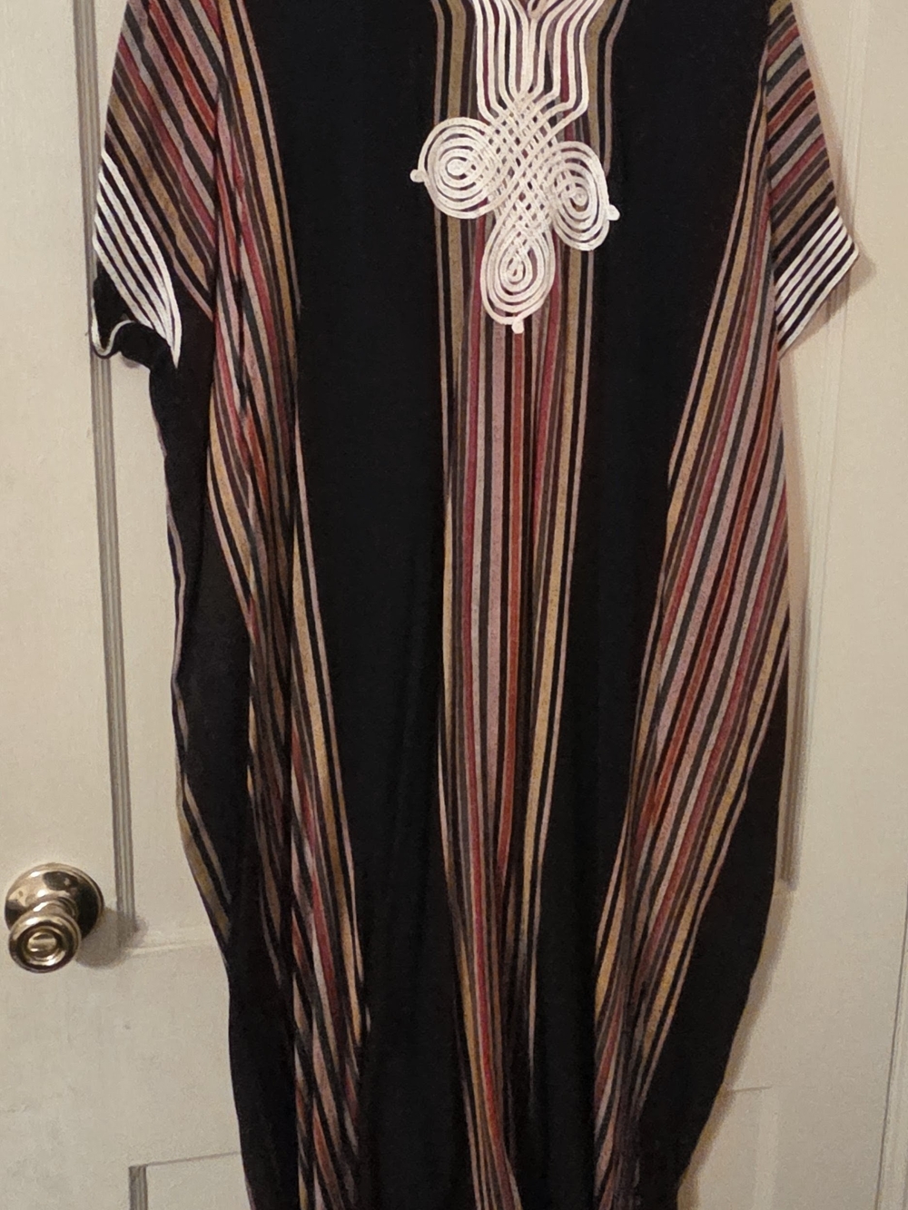 Ladies Moroccan Kaftan Black Striped Maxi Dress with White Embroidered Accent